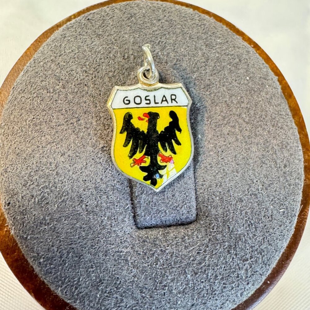VTG 800 Silver Goslar Black Yellow & Red Enamel Shield Shape Charm Size 0.75''